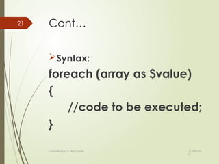 11/04/202
5
compiled by: IT dep't staffs
21 Cont…
Syntax:
foreach (array as $value)
{
//code to be executed;
}
 
