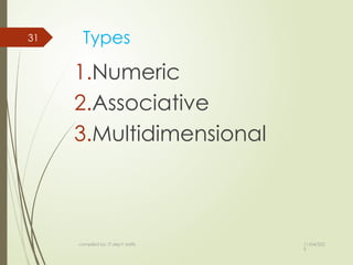 11/04/202
5
compiled by: IT dep't staffs
31 Types
1.Numeric
2.Associative
3.Multidimensional
 