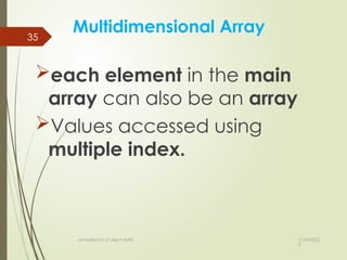 11/04/202
5
compiled by: IT dep't staffs
35
Multidimensional Array
each element in the main
array can also be an array
Values accessed using
multiple index.
 