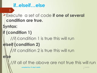 11/04/202
5
5
if..elseif…else
Execute a set of code if one of several
condition are true.
Syntax:
if (condition 1)
//if condition 1 is true this will run
elseif (condition 2)
//if condition 2 is true this will run
else
//if all of the above are not true this will run
compiled by: IT dep't staffs
 