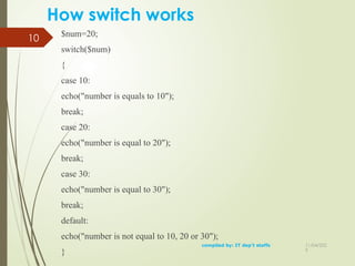 11/04/202
5
10
How switch works
$num=20;
switch($num)
{
case 10:
echo("number is equals to 10");
break;
case 20:
echo("number is equal to 20");
break;
case 30:
echo("number is equal to 30");
break;
default:
echo("number is not equal to 10, 20 or 30");
}
compiled by: IT dep't staffs
 