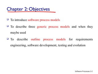 Software Processes
Chapter 2: Objectives
 To introduce software process models
 To describe three generic process models and when they
maybe used
 To describe outline process models for requirements
engineering, software development, testing and evolution
2-2
 