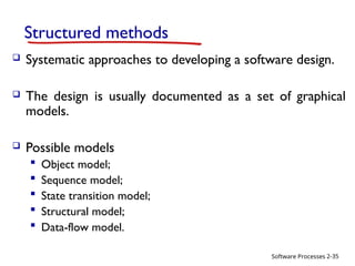 Software Processes
Structured methods
 Systematic approaches to developing a software design.
 The design is usually documented as a set of graphical
models.
 Possible models
 Object model;
 Sequence model;
 State transition model;
 Structural model;
 Data-flow model.
2-35
 