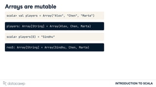 INTRODUCTION TO SCALA
Arrays are mutable
scala> val players = Array("Alex", "Chen", "Marta")
players: Array[String] = Array(Alex, Chen, Marta)
scala> players(0) = "Sindhu"
res5: Array[String] = Array(Sindhu, Chen, Marta)
 