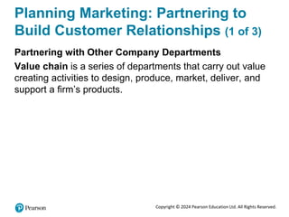 Copyright © 2024 Pearson Education Ltd. All Rights Reserved.
Planning Marketing: Partnering to
Build Customer Relationships (1 of 3)
Partnering with Other Company Departments
Value chain is a series of departments that carry out value
creating activities to design, produce, market, deliver, and
support a firm’s products.
 