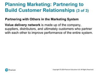 Copyright © 2024 Pearson Education Ltd. All Rights Reserved.
Planning Marketing: Partnering to
Build Customer Relationships (3 of 3)
Partnering with Others in the Marketing System
Value delivery network is made up of the company,
suppliers, distributors, and ultimately customers who partner
with each other to improve performance of the entire system.
 