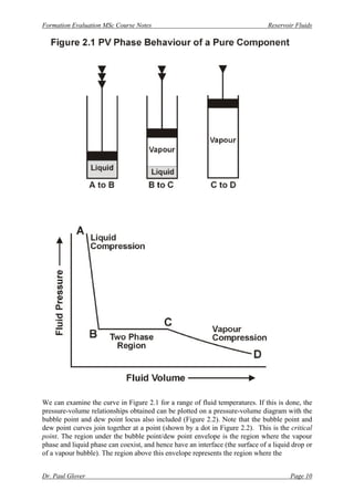 Formation Evaluation MSc Course Notes Reservoir Fluids
Dr. Paul Glover Page 10
We can examine the curve in Figure 2.1 for a range of fluid temperatures. If this is done, the
pressure-volume relationships obtained can be plotted on a pressure-volume diagram with the
bubble point and dew point locus also included (Figure 2.2). Note that the bubble point and
dew point curves join together at a point (shown by a dot in Figure 2.2). This is the critical
point. The region under the bubble point/dew point envelope is the region where the vapour
phase and liquid phase can coexist, and hence have an interface (the surface of a liquid drop or
of a vapour bubble). The region above this envelope represents the region where the
 