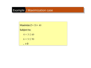 Example 1 Maximization case
Maximize Z = 35+ 40
Subject to:
4 + 3 ≤ 60
6 + 5 ≤ 90
, ≥ 0
 