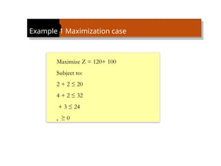 Example 1 Maximization case
Maximize Z = 120+ 100
Subject to:
2 + 2 ≤ 20
4 + 2 ≤ 32
+ 3 ≤ 24
, ≥ 0
 