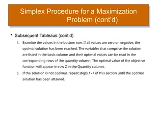Simplex Procedure for a Maximization
Problem (cont’d)
• Subsequent Tableaus (cont’d)
4. Examine the values in the bottom row. If all values are zero or negative, the
optimal solution has been reached. The variables that comprise the solution
are listed in the basis column and their optimal values can be read in the
corresponding rows of the quantity column. The optimal value of the objective
function will appear in row Z in the Quantity column.
5. If the solution is not optimal, repeat steps 1–7 of this section until the optimal
solution has been attained.
 