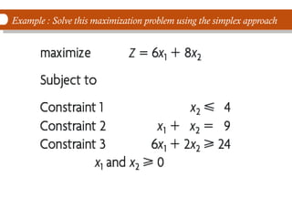 Example : Solve this maximization problem using the simplex approach
 