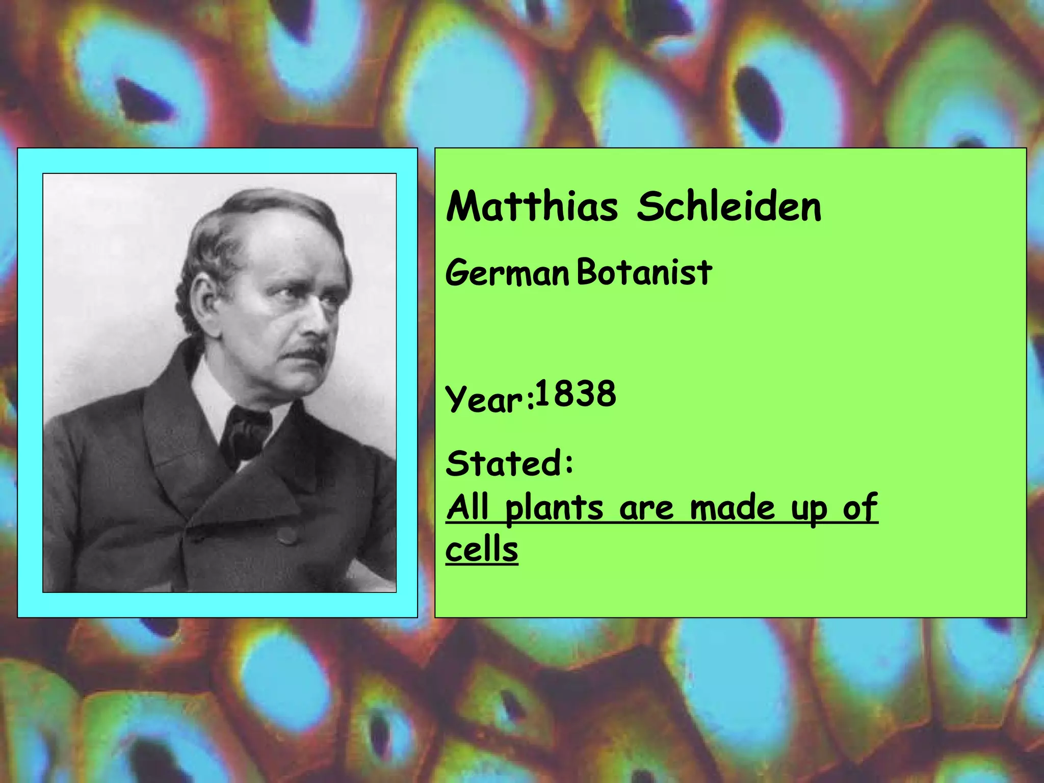 Matthias Schleiden   German  Year: Stated:  Botanist 1838 All plants are made up of cells 
