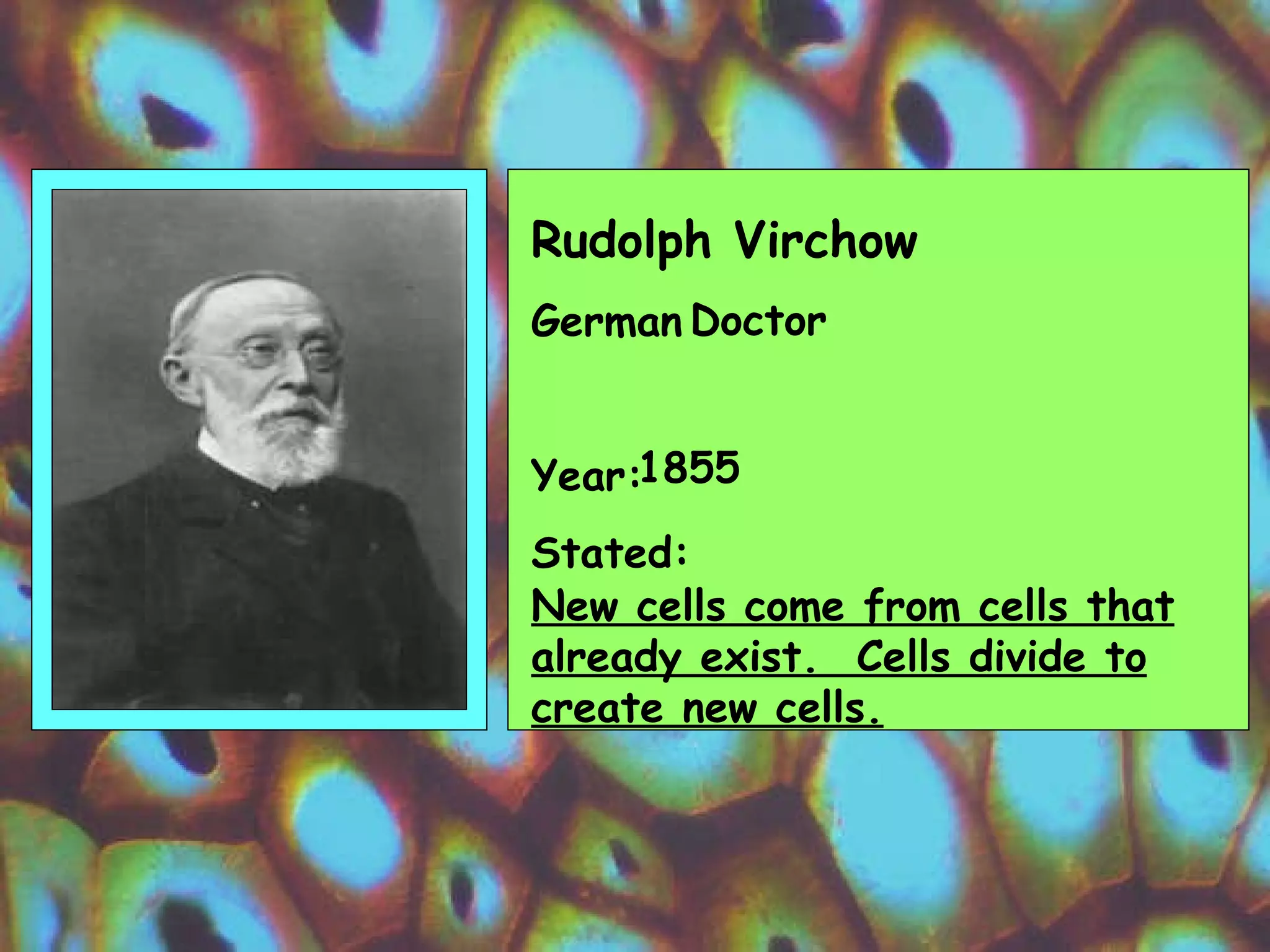Rudolph Virchow German Year:  Stated: Doctor 1855 New cells come from cells that already exist.  Cells divide to create new cells. 