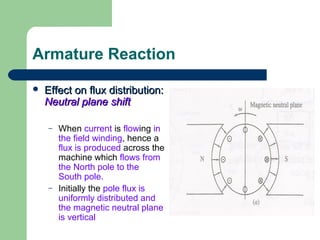 Armature Reaction
 Effect on flux distribution:Effect on flux distribution:
Neutral plane shiftNeutral plane shift
– When current is flowing in
the field winding, hence a
flux is produced across the
machine which flows from
the North pole to the
South pole.
– Initially the pole flux is
uniformly distributed and
the magnetic neutral plane
is vertical
 