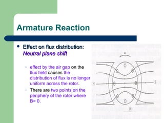 Armature Reaction
 Effect on flux distribution:Effect on flux distribution:
Neutral plane shiftNeutral plane shift
– effect by the air gap on the
flux field causes the
distribution of flux is no longer
uniform across the rotor.
– There are two points on the
periphery of the rotor where
B= 0.
 