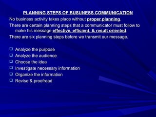 PLANNING STEPS OF BUSUNESS COMMUNICATIONPLANNING STEPS OF BUSUNESS COMMUNICATION
No business activity takes place withoutNo business activity takes place without proper planningproper planning..
There are certain planning steps that a communicator must follow toThere are certain planning steps that a communicator must follow to
make his messagemake his message effective, efficient, & result orientedeffective, efficient, & result oriented..
There are six planning steps before we transmit our message.There are six planning steps before we transmit our message.
 Analyze the purposeAnalyze the purpose
 Analyze the audienceAnalyze the audience
 Choose the ideaChoose the idea
 Investigate necessary informationInvestigate necessary information
 Organize the informationOrganize the information
 Revise & proofreadRevise & proofread
 