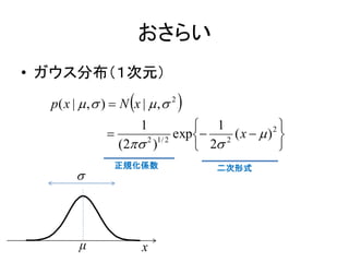 おさらい
• ガウス分布（１次元）
                     
  p( x |  ,  )  N x |  ,  2   
                         1            1                
                                 exp      ( x   )2 
                   (2 2 )1/ 2        2 2            
                   正規化係数                   二次形式
        




        μ                x
 