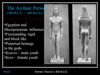 Archaic:  Kouros  c. 650 B.C.E. Periods The Archaic Period (700 B.C.E.  -  480 B.C.E .) Egyptian and  Mesopotamian  influence Freestanding, rigid  and block like Perpetual homage  to the gods Kouros  – male youth Kore  – female youth 