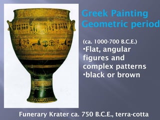 Greek Painting
Geometric period
(ca. 1000-700 B.C.E.)
•Flat, angular
figures and
complex patterns
•black or brown
Funerary Krater ca. 750 B.C.E., terra-cotta
 