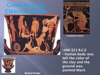 Niobid Krater
Greek Painting
Classical period
•480-323 B.C.E
• human body was
left the color of
the clay and the
ground was
painted black
Andokides Painter
 