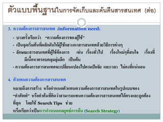 3. ความต้องการสารสนเทศ (information need)
   - บางครั้งเรียกว่า “ความต้องการของผู้ใช้”
   - เป็นจุดเริ่มต้นที่ผลักดันให้ผู้ใช้แสวงหาสารสนเทศด้วยวิธีการต่างๆ
   - ลักษณะสารสนเทศที่ผู้ใช้ต้องการ เช่น เรื่องทั่วไป เรื่องใหม่ๆที่สนใจ เรื่องที่
          มีเนื้อหาครอบคลุมลุ่มลึก เป็นต้น
   - ความต้องการสารสนเทศจะเปลี่ยนแปลงไปตามปัจจัย และเวลา ไม่คงที่แน่นอน

4. ตัวแทนความต้องการสารสนเทศ
   หมายถึงการสร้าง หรือกาหนดตัวแทนความต้องการสารสนเทศในรูปแบบของ
   “คาศัพท์” หรือคาค้นทีคิดว่าสามารถแทนความต้องการสารสนเทศได้ตรงและถูกต้อง
                        ่
   ที่สุด โดยใช้ Search Tips ช่วย
   หรือเรียกว่าเป็นการกาหนดกลยุทธ์การค้น (Search Strategy)
 