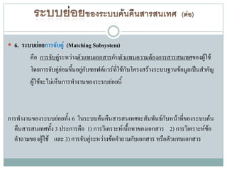  6. ระบบย่อยการจับคู่ (Matching Subsystem)
        คือ การจับคูระหว่างตัวแทนเอกสารกับตัวแทนความต้องการสารสนเทศของผู้ใช้
                        ่
        โดยการจับคูย่อมขึนอยู่กับซอฟต์แวร์ทใช้กับโครงสร้างระบบฐานข้อมูลเป็นสาคัญ
                      ่   ้                ี่
        ผู้ใช้จะไม่เห็นการทางานของระบบย่อยนี้



การทางานของระบบย่อยทัง 6 ในระบบค้นคืนสารสนเทศจะสัมพันธ์กับหน้าที่ของระบบค้น
                       ้
  คืนสารสนเทศทั้ง 3 ประการคือ 1) การวิเคราะห์เนือหาของเอกสาร 2) การวิเคราะห์ขอ
                                                ้                            ้
  คาถามของผู้ใช้ และ 3) การจับคูระหว่างข้อคาถามกับเอกสาร หรือตัวแทนเอกสาร
                                ่
 