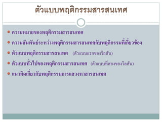  ความหมายของพฤติกรรมสารสนเทศ
 ความสัมพันธ์ระหว่างพฤติกรรมสารสนเทศกับพฤติกรรมที่เกี่ยวข้อง
 ตัวแบบพฤติกรรมสารสนเทศ (ตัวแบบแรกของวิลสัน)
 ตัวแบบทั่วไปของพฤติกรรมสารสนเทศ (ตัวแบบที่สองของวิลสัน)
 แนวคิดเกี่ยวกับพฤติกรรมการแสวงหาสารสนเทศ
 
