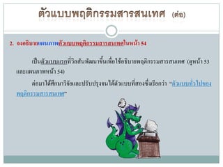 2. จงอธิบายแผนภาพตัวแบบพฤติกรรมสารสนเทศในหน้า 54

        เป็นตัวแบบแรกที่วลสันพัฒนาขึ้นเพื่อใช้อธิบายพฤติกรรมสารสนเทศ (ดูหน้า 53
                          ิ
  และแผนภาพหน้า 54)
        ต่อมาได้ศึกษาวิจยและปรับปรุงจนได้ตัวแบบทีสองซึงเรียกว่า “ตัวแบบทัวไปของ
                        ั                           ่   ่                ่
  พฤติกรรมสารสนเทศ”
 