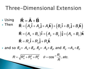   
R  A  B



Using
Then



and so Rx= Ax+Bx, Ry= Ay+By, and Rz =Ax+Bz





 



ˆ
ˆ
R  Ax ˆ  Ay ˆ  Azk  Bx ˆ  By ˆ  Bzk
i
j
i
j

ˆ
R   Ax  Bx  ˆ   Ay  By  ˆ   Az  Bz  k
i
j

ˆ
R  Rx ˆ  Ry ˆ  Rzk
i
j

R  R R R
2
x

2
y

2
z

Rx
  cos
, etc.
R
1

 