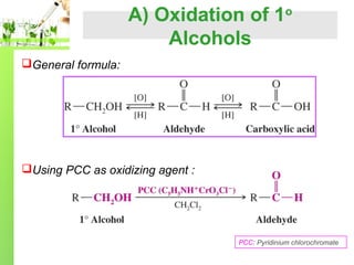 A) Oxidation of 1o
Alcohols
General formula:

Using PCC as oxidizing agent :

PCC: Pyridinium chlorochromate

 