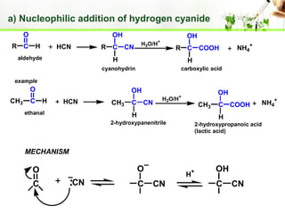 a) Nucleophilic addition of hydrogen cyanide
O

OH

R C

H

HCN

R C CN

aldehyde

OH

+

H2O/H

R C COOH

H

NH4

+

H

cyanohydrin

carboxylic acid

example

O
CH3

C

OH
H

HCN

ethanal

CH3

C CN

OH

+

H2O/H

CH3

H

C COOH
H

2-hydroxypanenitrile

2-hydroxypropanoic acid
(lactic acid)

MECHANISM

O

O
C

CN

C

H+

CN

NH4+

OH
C

CN

 
