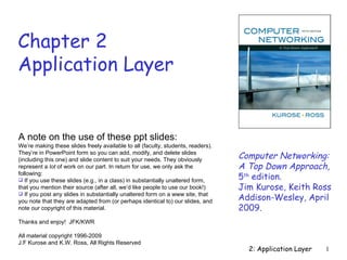 2: Application Layer Chapter 2 Application Layer Computer Networking: A Top Down Approach ,  5 th  edition.  Jim Kurose, Keith Ross Addison-Wesley, April 2009.  ,[object Object],[object Object],[object Object],[object Object],[object Object],[object Object],[object Object]