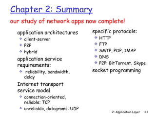 Chapter 2: Summary
our study of network apps now complete!
  application architectures         specific protocols:
                                     HTTP
      client-server
                                     FTP
      P2P
                                     SMTP, POP, IMAP
      hybrid
                                     DNS
  application service
                                     P2P: BitTorrent, Skype
  requirements:
       reliability, bandwidth,     socket programming
       delay
  Internet transport
  service model
      connection-oriented,
       reliable: TCP
      unreliable, datagrams: UDP
                                             2: Application Layer   113
 
