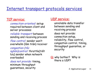 Internet transport protocols services

TCP service:                      UDP service:
  connection-oriented: setup        unreliable data transfer
  required between client and       between sending and
  server processes                  receiving process
  reliable transport between        does not provide:
  sending and receiving process     connection setup,
  flow control: sender won’t        reliability, flow control,
  overwhelm (làm tràn) receiver     congestion control, timing,
                                    throughput guarantee, or
  congestion (tắc
                                    security
  nghẽn)control: throttle(tiết
  lưu) sender when network
  overloaded                      Q: why bother? Why is
  does not provide: timing,          there a UDP?
  minimum throughput
  guarantees, security                          2: Application Layer   18
 