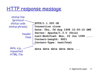 HTTP response message
  status line
   (protocol
 status code         HTTP/1.1 200 OK
status phrase)       Connection close
                     Date: Thu, 06 Aug 1998 12:00:15 GMT
           header    Server: Apache/1.3.0 (Unix)
             lines   Last-Modified: Mon, 22 Jun 1998 …...
                     Content-Length: 6821
                     Content-Type: text/html

 data, e.g.,         data data data data data ...
 requested
 HTML file




                                          2: Application Layer   33
 