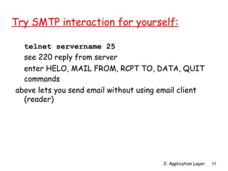Try SMTP interaction for yourself:

  telnet servername 25
  see 220 reply from server
  enter HELO, MAIL FROM, RCPT TO, DATA, QUIT
  commands
above lets you send email without using email client
  (reader)




                                        2: Application Layer   55
 