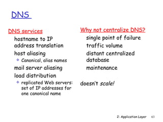 DNS
DNS services                     Why not centralize DNS?
  hostname to IP                  single point of failure
  address translation             traffic volume
  host aliasing                   distant centralized
      Canonical, alias names     database
  mail server aliasing            maintenance
  load distribution
      replicated Web servers:   doesn’t scale!
       set of IP addresses for
       one canonical name




                                                  2: Application Layer   63
 