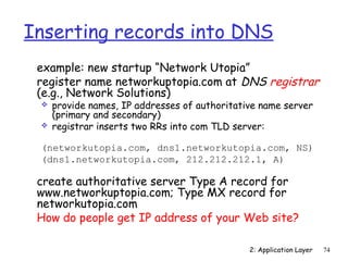Inserting records into DNS
 example: new startup “Network Utopia”
 register name networkuptopia.com at DNS registrar
 (e.g., Network Solutions)
    provide names, IP addresses of authoritative name server
     (primary and secondary)
    registrar inserts two RRs into com TLD server:

 (networkutopia.com, dns1.networkutopia.com, NS)
 (dns1.networkutopia.com, 212.212.212.1, A)

 create authoritative server Type A record for
 www.networkuptopia.com; Type MX record for
 networkutopia.com
 How do people get IP address of your Web site?

                                               2: Application Layer   74
 