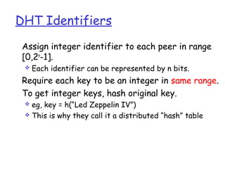 DHT Identifiers
 Assign integer identifier to each peer in range
 [0,2n-1].
    Each identifier can be represented by n bits.
 Require each key to be an integer in same range.
 To get integer keys, hash original key.
  eg, key = h(“Led Zeppelin IV”)
  This is why they call it a distributed “hash” table
 