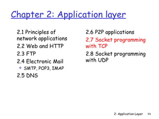 Chapter 2: Application layer
 2.1 Principles of      2.6 P2P applications
 network applications   2.7 Socket programming
 2.2 Web and HTTP       with TCP
 2.3 FTP                2.8 Socket programming
 2.4 Electronic Mail    with UDP
    SMTP, POP3, IMAP
 2.5 DNS




                                  2: Application Layer   94
 