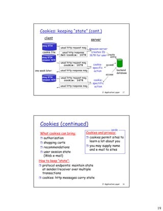 19
2: Application Layer 37
Cookies: keeping “state” (cont.)
client server
usual http response msg
usual http response msg
cookie file
one week later:
usual http request msg
cookie: 1678 cookie-
specific
action
access
ebay 8734
usual http request msg
Amazon server
creates ID
1678 for user create
entry
usual http response
Set-cookie: 1678
ebay 8734
amazon 1678
usual http request msg
cookie: 1678 cookie-
spectific
action
access
ebay 8734
amazon 1678
backend
database
2: Application Layer 38
Cookies (continued)
What cookies can bring:
 authorization
 shopping carts
 recommendations
 user session state
(Web e-mail)
Cookies and privacy:
 cookies permit sites to
learn a lot about you
 you may supply name
and e-mail to sites
aside
How to keep “state”:
 protocol endpoints: maintain state
at sender/receiver over multiple
transactions
 cookies: http messages carry state
 