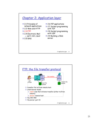 23
2: Application Layer 45
Chapter 2: Application layer
 2.1 Principles of
network applications
 2.2 Web and HTTP
 2.3 FTP
 2.4 Electronic Mail
 SMTP, POP3, IMAP
 2.5 DNS
 2.6 P2P applications
 2.7 Socket programming
with TCP
 2.8 Socket programming
with UDP
 2.9 Building a Web
server
2: Application Layer 46
FTP: the file transfer protocol
 transfer file to/from remote host
 client/server model
 client: side that initiates transfer (either to/from
remote)
 server: remote host
 ftp: RFC 959
 ftp server: port 21
This image cannot currently be displayed.
file transfer
FTP
server
FTP
user
interface
FTP
client
local file
system
remote file
system
user
at host
 