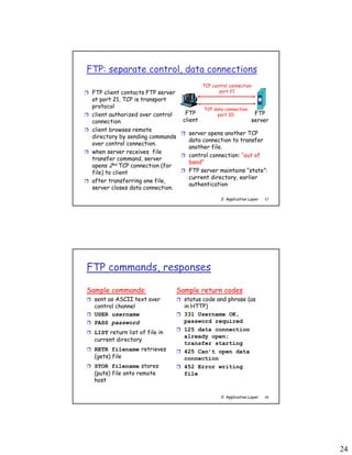 24
2: Application Layer 47
FTP: separate control, data connections
 FTP client contacts FTP server
at port 21, TCP is transport
protocol
 client authorized over control
connection
 client browses remote
directory by sending commands
over control connection.
 when server receives file
transfer command, server
opens 2nd TCP connection (for
file) to client
 after transferring one file,
server closes data connection.
FTP
client
FTP
server
TCP control connection
port 21
TCP data connection
port 20
 server opens another TCP
data connection to transfer
another file.
 control connection: “out of
band”
 FTP server maintains “state”:
current directory, earlier
authentication
2: Application Layer 48
FTP commands, responses
Sample commands:
 sent as ASCII text over
control channel
 USER username
 PASS password
 LIST return list of file in
current directory
 RETR filename retrieves
(gets) file
 STOR filename stores
(puts) file onto remote
host
Sample return codes
 status code and phrase (as
in HTTP)
 331 Username OK,
password required
 125 data connection
already open;
transfer starting
 425 Can’t open data
connection
 452 Error writing
file
 
