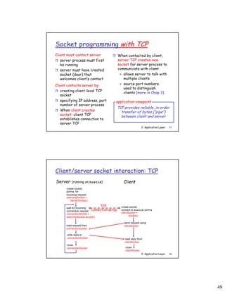 49
2: Application Layer 97
Socket programming with TCP
Client must contact server
 server process must first
be running
 server must have created
socket (door) that
welcomes client’s contact
Client contacts server by:
 creating client-local TCP
socket
 specifying IP address, port
number of server process
 When client creates
socket: client TCP
establishes connection to
server TCP
 When contacted by client,
server TCP creates new
socket for server process to
communicate with client
 allows server to talk with
multiple clients
 source port numbers
used to distinguish
clients (more in Chap 3)
TCP provides reliable, in-order
transfer of bytes (“pipe”)
between client and server
application viewpoint
2: Application Layer 98
Client/server socket interaction: TCP
wait for incoming
connection request
connectionSocket =
welcomeSocket.accept()
create socket,
port=x, for
incoming request:
welcomeSocket =
ServerSocket()
create socket,
connect to hostid, port=x
clientSocket =
Socket()
close
connectionSocket
read reply from
clientSocket
close
clientSocket
Server (running on hostid) Client
send request using
clientSocketread request from
connectionSocket
write reply to
connectionSocket
TCP
connection setup
 