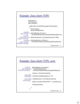 51
2: Application Layer 101
Example: Java client (TCP)
import java.io.*;
import java.net.*;
class TCPClient {
public static void main(String argv[]) throws Exception
{
String sentence;
String modifiedSentence;
BufferedReader inFromUser =
new BufferedReader(new InputStreamReader(System.in));
Socket clientSocket = new Socket("hostname", 6789);
DataOutputStream outToServer =
new DataOutputStream(clientSocket.getOutputStream());
Create
input stream
Create
client socket,
connect to server
Create
output stream
attached to socket
2: Application Layer 102
Example: Java client (TCP), cont.
BufferedReader inFromServer =
new BufferedReader(new
InputStreamReader(clientSocket.getInputStream()));
sentence = inFromUser.readLine();
outToServer.writeBytes(sentence + 'n');
modifiedSentence = inFromServer.readLine();
System.out.println("FROM SERVER: " + modifiedSentence);
clientSocket.close();
}
}
Create
input stream
attached to socket
Send line
to server
Read line
from server
 