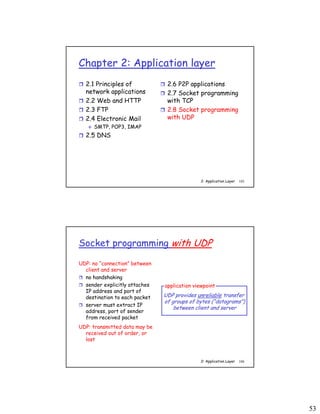 53
2: Application Layer 105
Chapter 2: Application layer
 2.1 Principles of
network applications
 2.2 Web and HTTP
 2.3 FTP
 2.4 Electronic Mail
 SMTP, POP3, IMAP
 2.5 DNS
 2.6 P2P applications
 2.7 Socket programming
with TCP
 2.8 Socket programming
with UDP
2: Application Layer 106
Socket programming with UDP
UDP: no “connection” between
client and server
 no handshaking
 sender explicitly attaches
IP address and port of
destination to each packet
 server must extract IP
address, port of sender
from received packet
UDP: transmitted data may be
received out of order, or
lost
application viewpoint
UDP provides unreliable transfer
of groups of bytes (“datagrams”)
between client and server
 