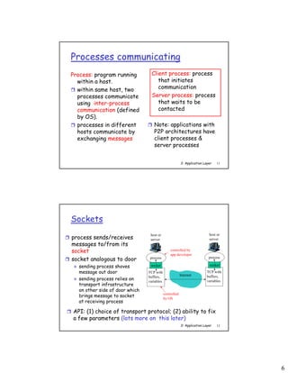 6
2: Application Layer 11
Processes communicating
Process: program running
within a host.
 within same host, two
processes communicate
using inter-process
communication (defined
by OS).
 processes in different
hosts communicate by
exchanging messages
Client process: process
that initiates
communication
Server process: process
that waits to be
contacted
 Note: applications with
P2P architectures have
client processes &
server processes
2: Application Layer 12
Sockets
 process sends/receives
messages to/from its
socket
 socket analogous to door
 sending process shoves
message out door
 sending process relies on
transport infrastructure
on other side of door which
brings message to socket
at receiving process
process
TCP with
buffers,
variables
socket
host or
server
process
TCP with
buffers,
variables
socket
host or
server
Internet
controlled
by OS
controlled by
app developer
 API: (1) choice of transport protocol; (2) ability to fix
a few parameters (lots more on this later)
 