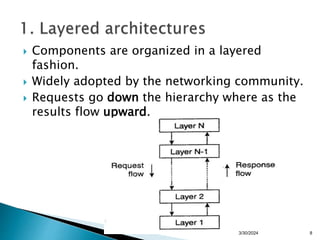  Components are organized in a layered
fashion.
 Widely adopted by the networking community.
 Requests go down the hierarchy where as the
results flow upward.
8
3/30/2024
 