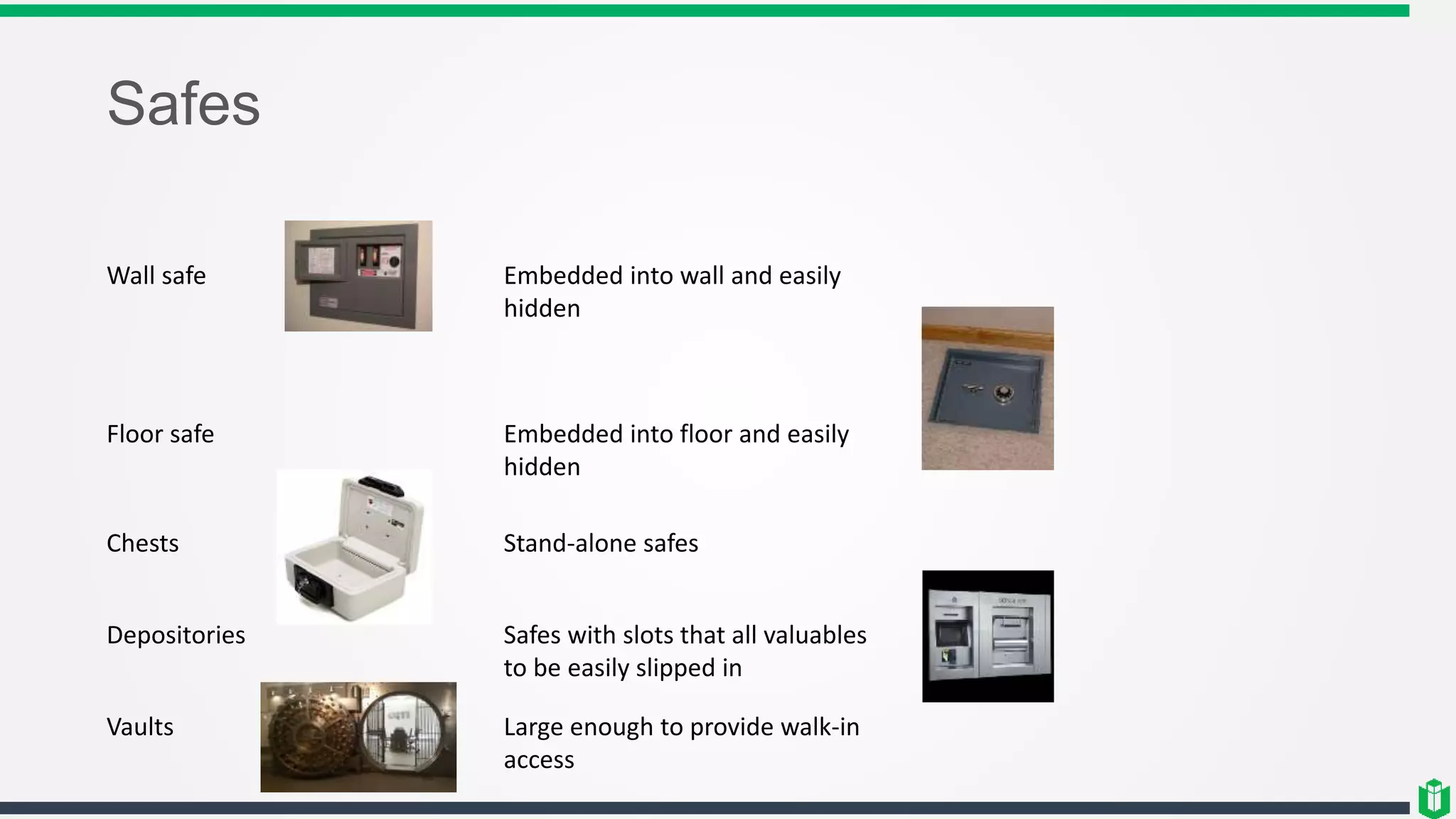 Safes
Wall safe Embedded into wall and easily
hidden
Floor safe Embedded into floor and easily
hidden
Chests Stand-alone safes
Depositories Safes with slots that all valuables
to be easily slipped in
Vaults Large enough to provide walk-in
access
 