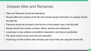 Dataset titles and filenames
• Titles and filenames should be descriptive
• Should reflect the contents of the file and include enough information to uniquely identify
the data file
• Filename should be provided in the first line of the header rows in the file itself
• Names should only contain numbers, letters, dashes and underscore
• Lowercase is, less software and platform dependent, and hence is preferable
• File name should not be more than 64 characters
• Versioning and file creation date will help user know if they are using the correct file
 
